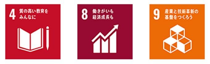 SDGsアイコン（4:質の高い教育をみんなに、8:働きがいも経済成長も、9:産業と技術革新の基盤をつくろう）