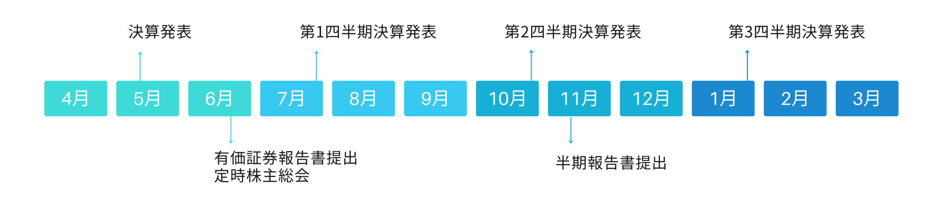 IRカレンダーの年間スケジュール図。決算発表や四半期決算発表、有価証券報告書提出、定時株主総会、半期報告書提出などの時期を示しています。